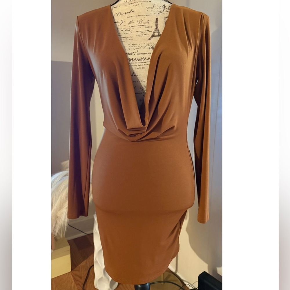 Elegant Brown Long Sleeve Cowl Neck Dress by Zara - Picture 2 of 6